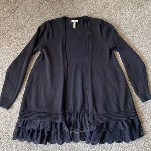 Matilda Jane Dark As Night Women’s black knit ruffle sweater open cardigan